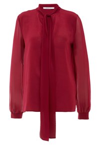 Blusa rossa trasparente a maniche lunghe con fiocco al collo e polsini con bottoni, caratterizzata da un davanti in tessuto liscio e maniche leggermente trasparenti.