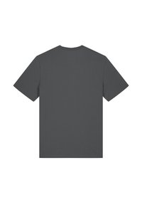 Graues T-Shirt mit kurzen Ärmeln und rundem Ausschnitt. Glatte Textur, lockere Passform, keine sichtbaren Logos oder Muster und ein sauberes, einfaches Design.