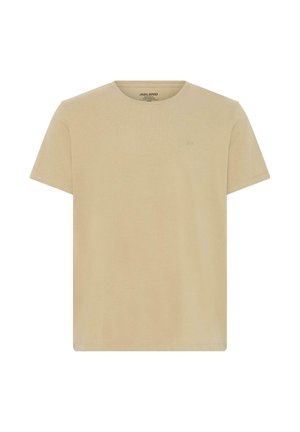 Beige T-shirt med korte ærmer og rund hals, lavet af blødt stof med diskret logo på brystet og mærke indeni kraven.