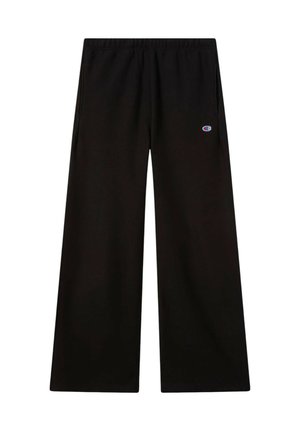 Pantaloni neri a gamba larga con vita elastica, tasche laterali e piccolo logo del marchio Champion sulla coscia sinistra.