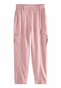 Rosa Cargo-Hosen mit elastischem Bund, Fronttaschen, seitlichen Klapptaschen und geradem Beinansatz.
