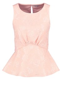 Blusa pescozzata in pesca senza maniche con motivo floreale, colletto rotondo, vita arricciata e apertura a chiave sul retro. Tessuto liscio con un leggero lucido.