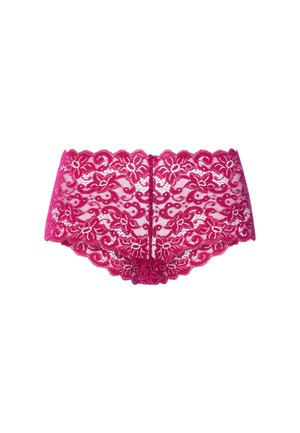Biancheria intima da donna in pizzo rosa con motivi floreali e bordi smerlati, progettata per una vestibilità aderente.