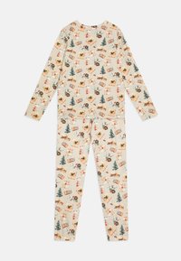 Pajamas s dugim rukavima od bež pamuka, sa printom božićnih drvaca, poklona i blagdanskih motiva kroz cijelu površinu.