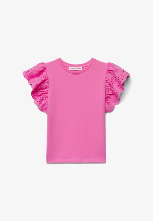 Top rosa acceso a maniche corte con dettagli arricciati in pizzo eyelet sulle maniche e scollo rotondo.