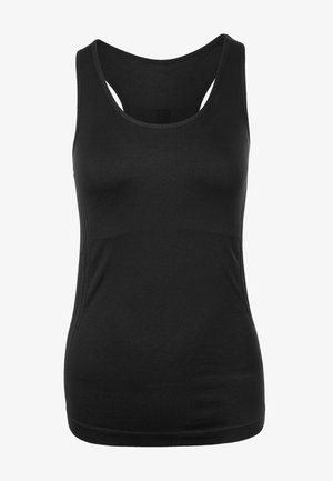 Débardeur noir en tissu lisse, avec un col rond classique et un design dos nageur, agrémenté de détails en panneau latéral contrastants.