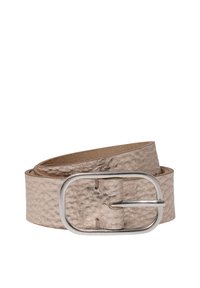 Läderbälte i metallisk beige med en texturerad yta, med en fyrkantig spänne i silverfärg och en jämn insida.