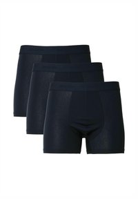 Musta puuvillainen bokserialushousujen setti, jossa on sileä pinta, joustava vyötärönauha, jossa on "SELECTED"-logo, ja istuva muotoilu. Mukana on kolme kappaletta.