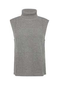 Gilet sans manches gris clair, col montant côtelé, texture tricot douce, coupe droite, fentes latérales pour le confort, design minimaliste.