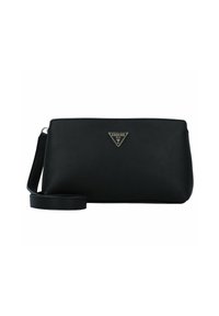 Borsa a tracolla sintetica nera con superficie liscia, logo metallico triangolare, tracolla rimovibile e forma rettangolare. Design semplice e minimalista.