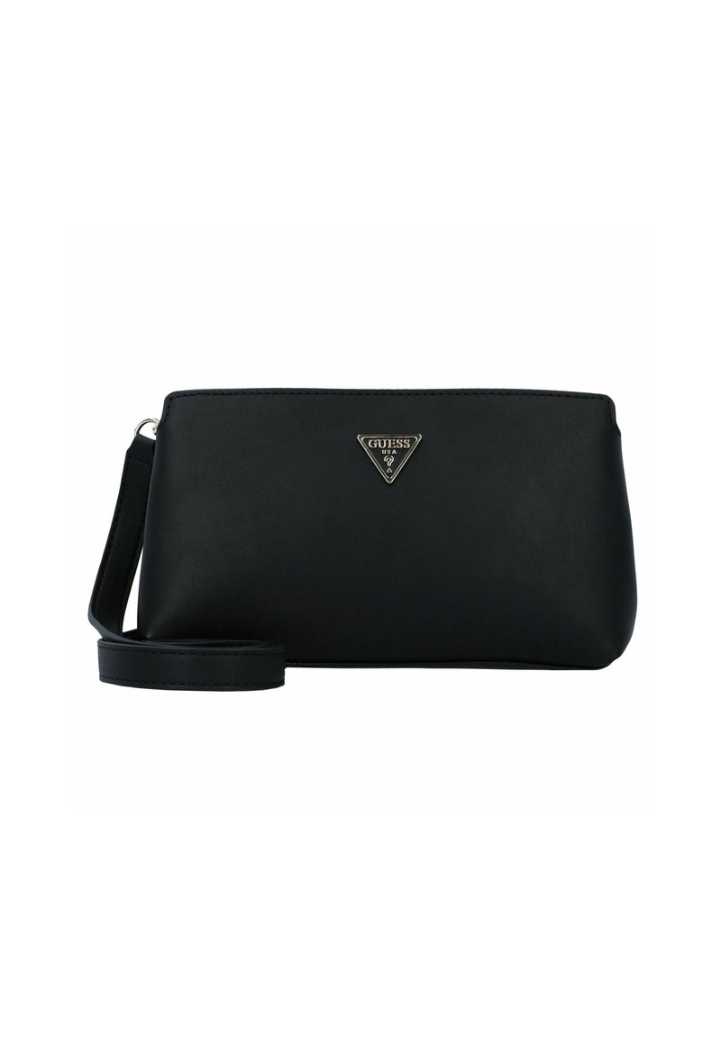Borsa a tracolla sintetica nera con superficie liscia, logo metallico triangolare, tracolla rimovibile e forma rettangolare. Design semplice e minimalista.