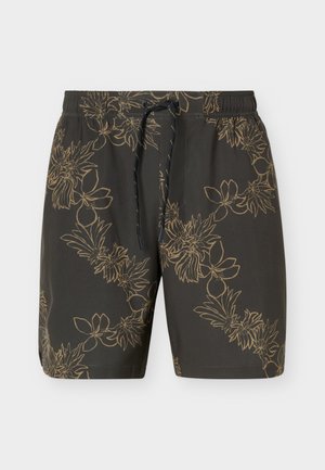 Mørkegrønne badeshorts med beige blomsterlinjemønster og svart snor i midjen.