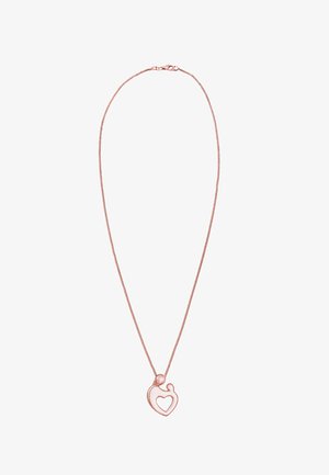 Roségoldkette mit dünner Kette und einem abstrakten herzförmigen Anhänger, glatter Textur und einem kleinen ausgeschnittenen Herzdetail.