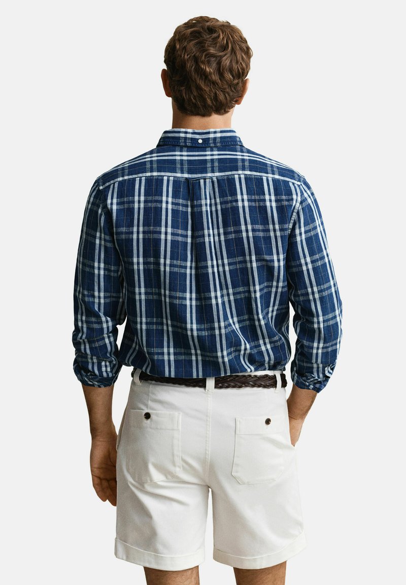 Uomo che indossa una camicia a maniche lunghe a quadri blu e bianchi e pantaloncini bianchi con orlo risvoltato, in piedi con le mani nelle tasche, di spalle.