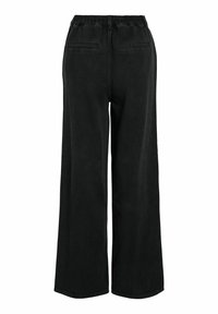 Crne široke hlače s elastičnom stražnjom trakom, s glatkom teksturom, dva stražnja džepa i slobodnim krojem.