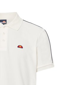 Weißes Poloshirt mit strukturiertem Kragen, Drei-Knopf-Leiste und mehrfarbigem gesticktem Logo auf der linken Seite. Dezente schwarze Streifen.