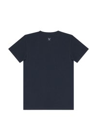 Granatowa koszulka z krótkim rękawem, wykonana z miękkiego materiału. Posiada gładki tył oraz małe białe logo nad kołnierzykiem.