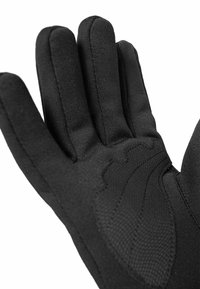 Schwarze Handschuhe mit strukturiertem Griff, gepolsterten Fingern und nahtlosem Design. Hergestellt aus strapazierfähigem Stoff mit verstärkten Akzenten.