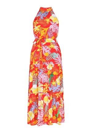 Rød blomster maxi kjole med halterneck, prydet med grønne og gule blade, lyserøde blomster og en bælte i taljen. Materialet ser let og blødt ud.