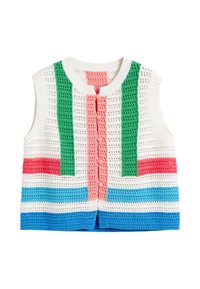 Gilet au crochet avec un col rond en fil blanc, rose, vert, bleu et rouge. Présente des rayures verticales et horizontales ainsi qu'une fermeture à boutons.