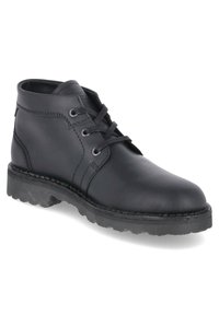 Schwarze Leder-Ankle-Boots mit runden Zehen, Ösen für Schnürsenkel, dicken Gummisohlen und sichtbaren Nähten entlang des Oberleders.
