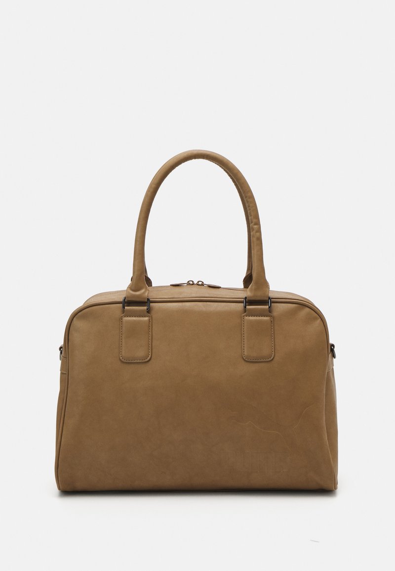 Brązowa torebka syntetyczna z podwójnymi uchwytami u góry, gładką fakturą, zapięciem na zamek, prostokątnym kształtem i subtelnym detalem w postaci wytłoczonego logo.