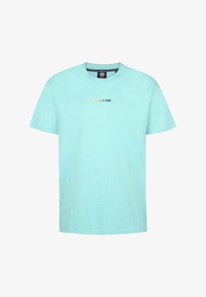 Licht turquoise katoenen t-shirt met korte mouwen, ronde hals en centraal "PETROLIND" logo in oranje en donkerblauw. Gladde textuur.