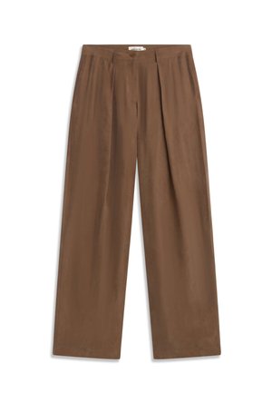 Pantalon marron à jambes larges avec plis, bouton frontal et fermeture éclair, présenté à plat sur un fond blanc.