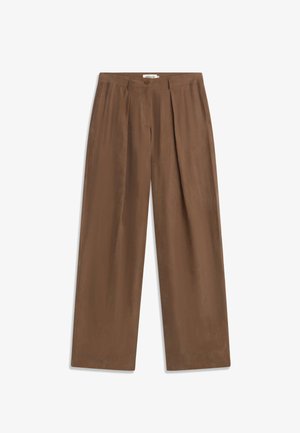 Pantalon marron à jambes larges avec plis, bouton frontal et fermeture éclair, présenté à plat sur un fond blanc.