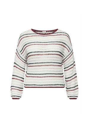 Suéter blanco de punto con rayas horizontales en burgundy, negro y beige, de mangas largas y cuello redondo.