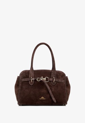 Brązowa torebka z zamszu o usztywnionej konstrukcji, z dwoma uchwytami, złotymi elementami wykończenia i dekoracyjnym paskiem z klamrą. Logo umieszczone z przodu.