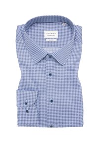 Blauw patroon slim fit overhemd van katoen. Bevat een kraag, knoopmanchetten en een geometrisch ontwerp met lichte en donkere blauwe accenten.
