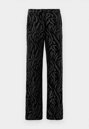 Zwarte broek met een gemêleerd, draaiend patroon. Gemaakt van zacht materiaal met een rechte pijp en een elastische tailleband voor extra comfort.