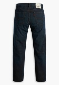 Jeans in denim blu scuro, taglio dritto, con un leggero sbiadimento, due tasche posteriori e un'etichetta in pelle marchiata sulla vita.