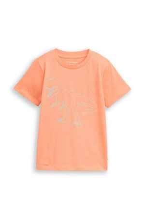 Children's short-sleeve orange T-shirt with a simple blue outline of a roaring T-Rex dinosaur on the front.