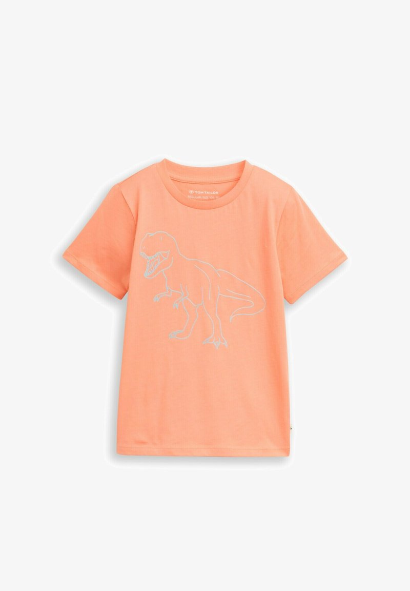 T-shirt orange à manches courtes pour enfants avec un simple contour bleu d'un dinosaure T-Rex rugissant sur le devant.