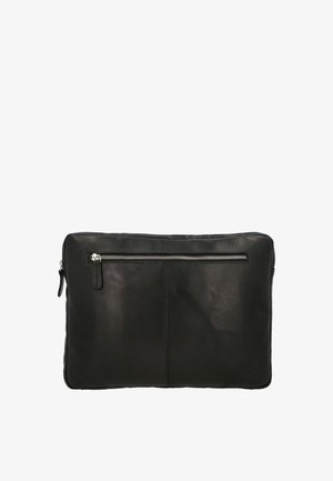 Sort læderærme til bærbar med vandret lynlåslomme foran og hovedlynlås på siden, rektangulær form med glat tekstur.