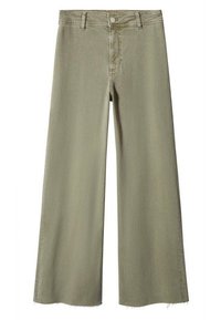 Olijfgroene wijde broek met een rafelige zoom, gemaakt van zachte stof, met een knoopsluiting en twee vo pockets.