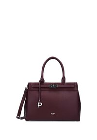 Dark burgundy leather handbag with top handles, a detachable shoulder strap, silver lock detail, and a hanging "P" charm.