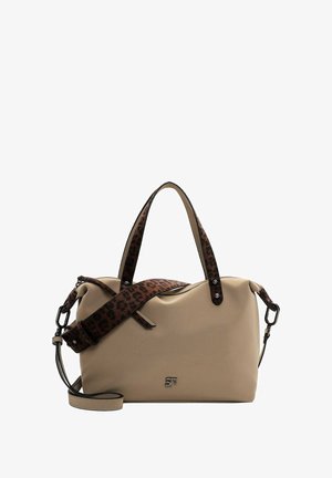 Béžová kabelka s leopardími držadly a odnímatelným popruhem přes rameno, na přední straně s malým kovovým logem SF.