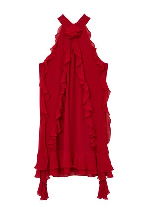 Abito rosso senza maniche con dettagli a volant lungo il collo e l'orlo. Realizzato in un tessuto leggero, presenta un corpetto aderente.