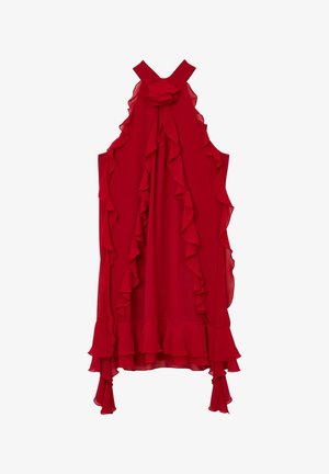 Rotes ärmelloses Kleid mit Rüschendetails entlang des Ausschnitts und Saums. Hergestellt aus einem leichten Stoff und mit einem taillierten Oberteil.