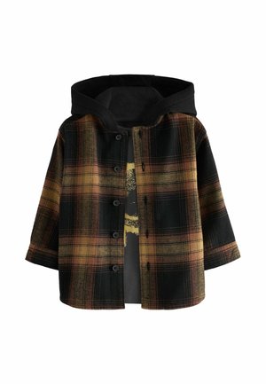 Knaplukket brun og sort ternet skjortejakke med lange ærmer og fastsyet ensfarvet sort hætte.