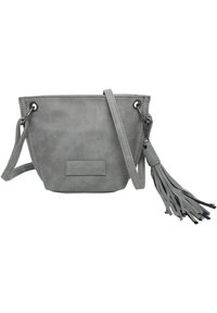 Borsa a secchiello grigia in ecopelle scamosciata con frange, tracolla regolabile e occhiali in tonalità argento. Presenta un'etichetta rettangolare sul davanti.