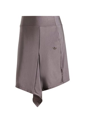 Grey athletic skort with a smooth texture, slightly asymmetrical hem, and a small dark logo accent on the front. Elastic waistband included.
