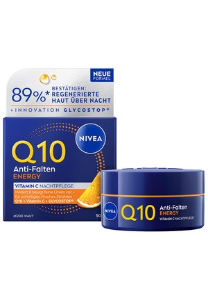 NIVEA Q10 Anti-Wrinkle Energy night cream with Vitamin C and Glycostop, showing box and jar with orange slice graphic.