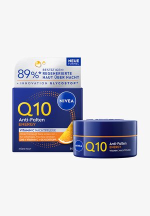 NIVEA Q10 Anti-Wrinkle Energy night cream with Vitamin C and Glycostop, showing box and jar with orange slice graphic.