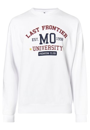 White sweatshirt featuring "LAST FRONTIER MO UNIVERSITY EST. 1998" printed in red and navy. Long sleeves with ribbed cuffs and hem.