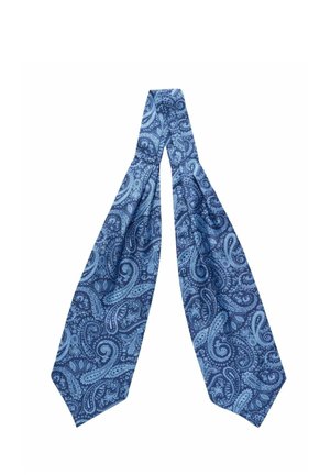 Blå slips med paisley-mønster og en glat tekstur, der har varierende nuancer af blå og en spids ende-design. Blødt stofmateriale.