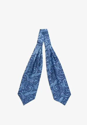 Blå slips med paisleymönster och en slät textur, med varierande nyanser av blått och en spetsig ände. Mjuk tygmaterial.
